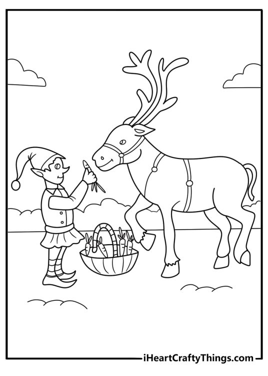 simple christmas elf coloring page feeding a reindeer a carrot near a snowy stable