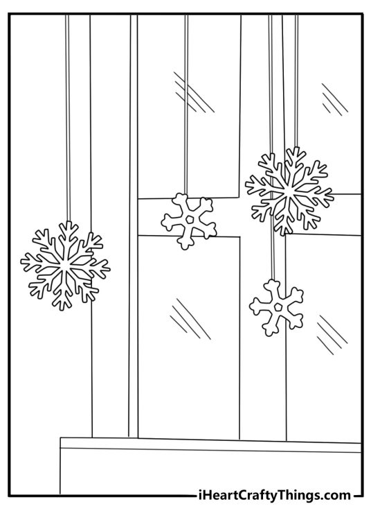 simple christmas elf coloring sheet hanging a snowflake garland across a cabin window