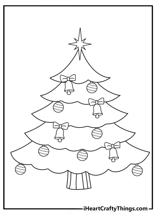 simple christmas tree with star ornaments and bells easy coloring sheet