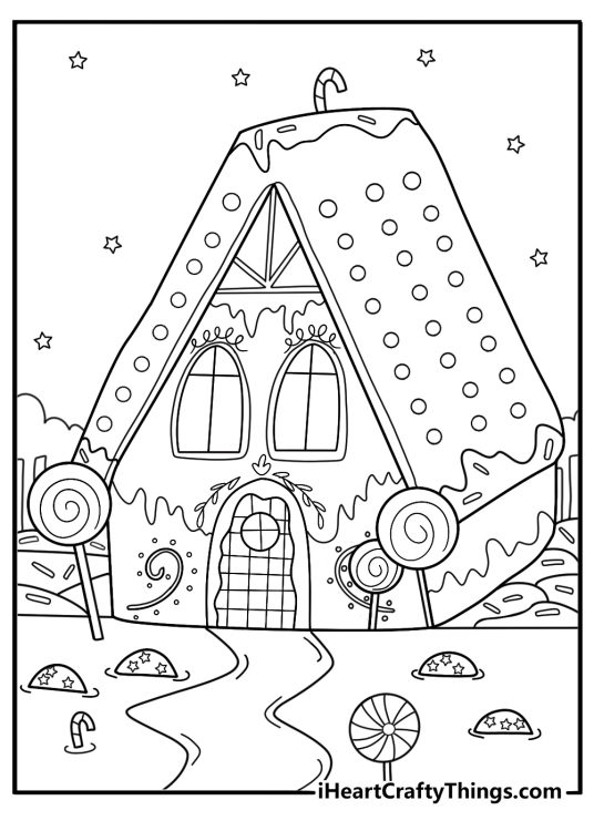 simple gingerbread house coloring sheet with candy button walls and licorice fence free download