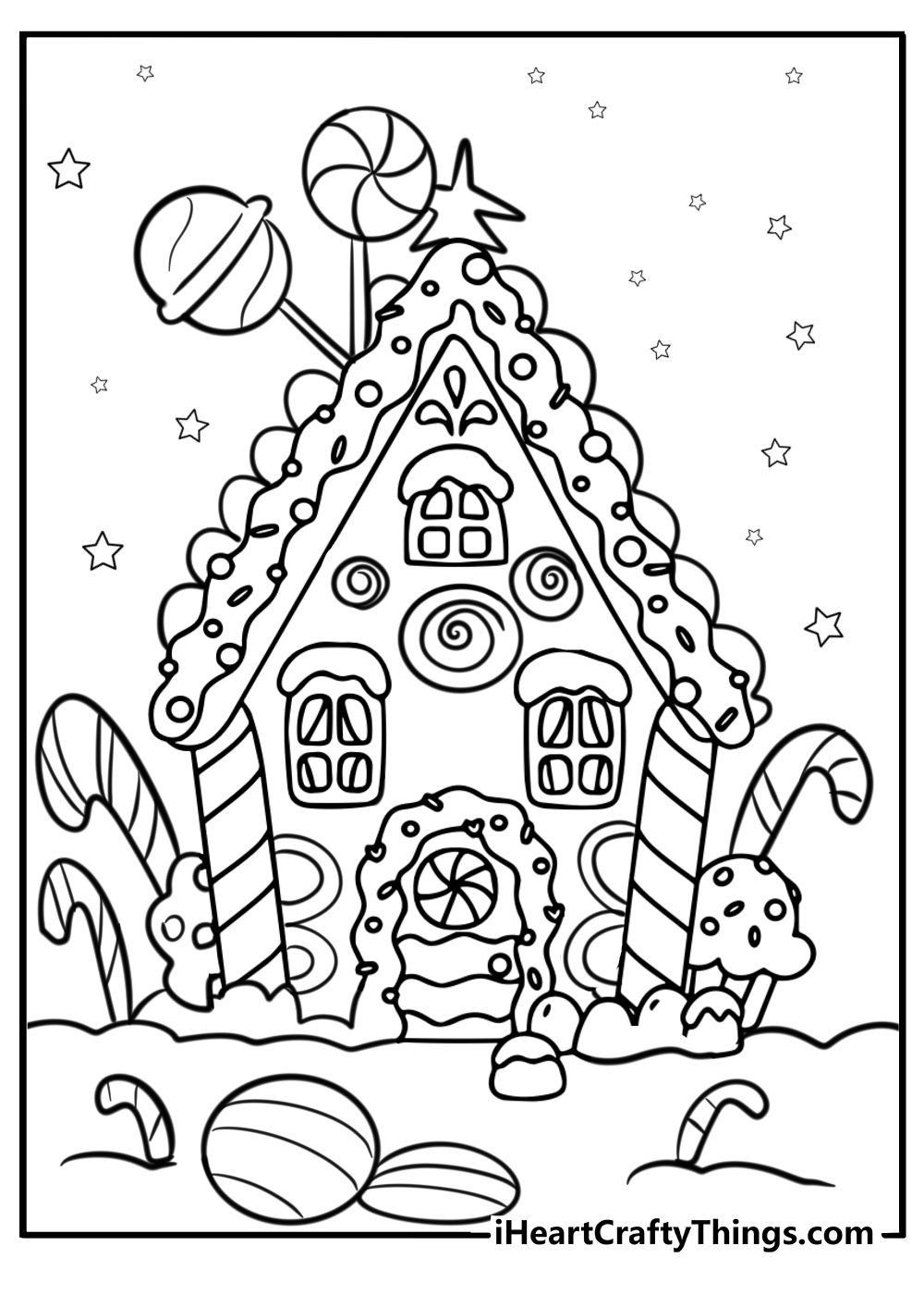 Simple gingerbread house with candy decorations coloring page