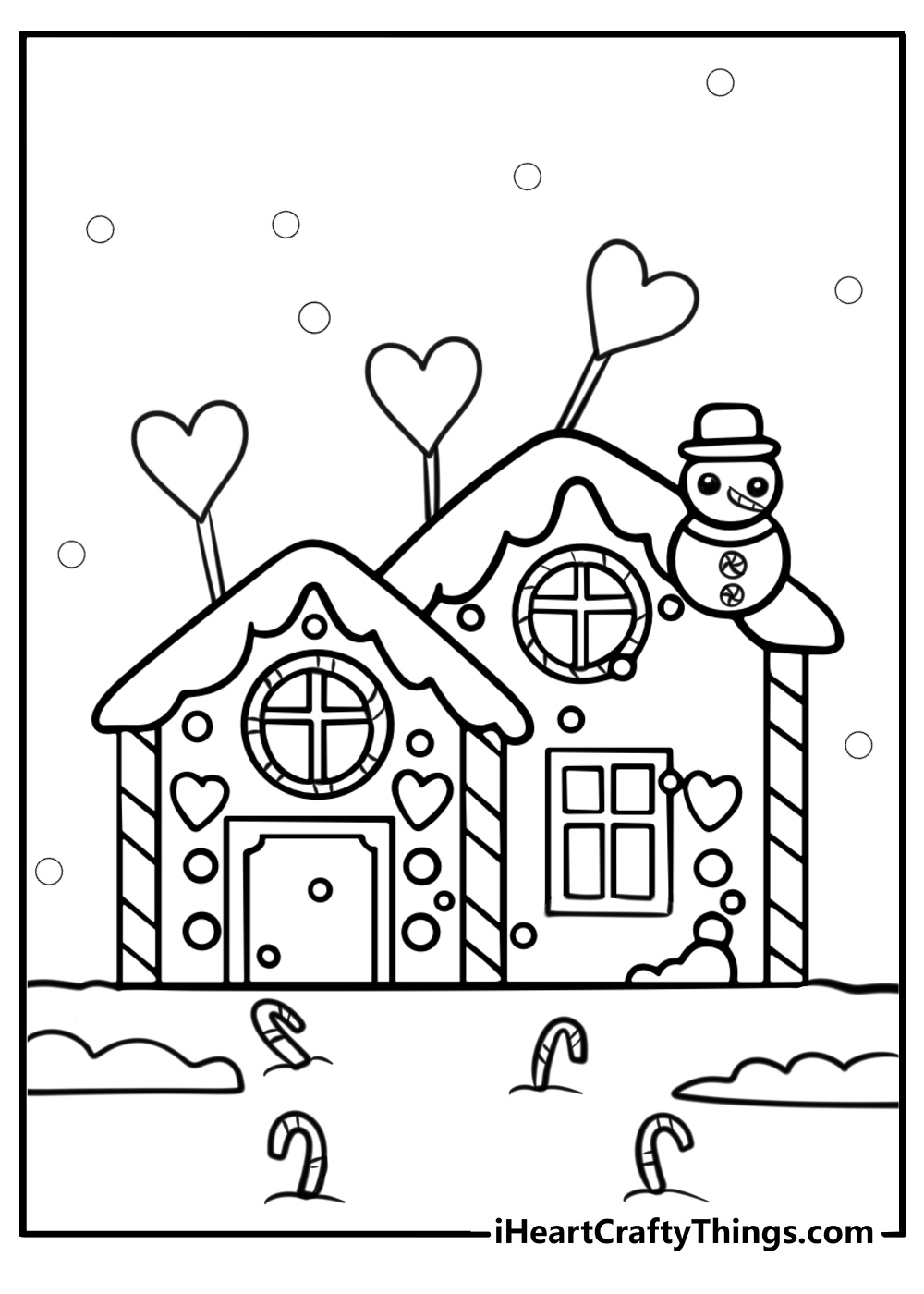 Simple gingerbread house with hearts and candy free coloring page