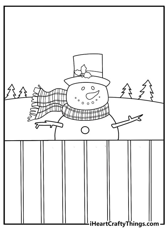 simple snowman printable pdf snowman with earmuffs near a wooden fence