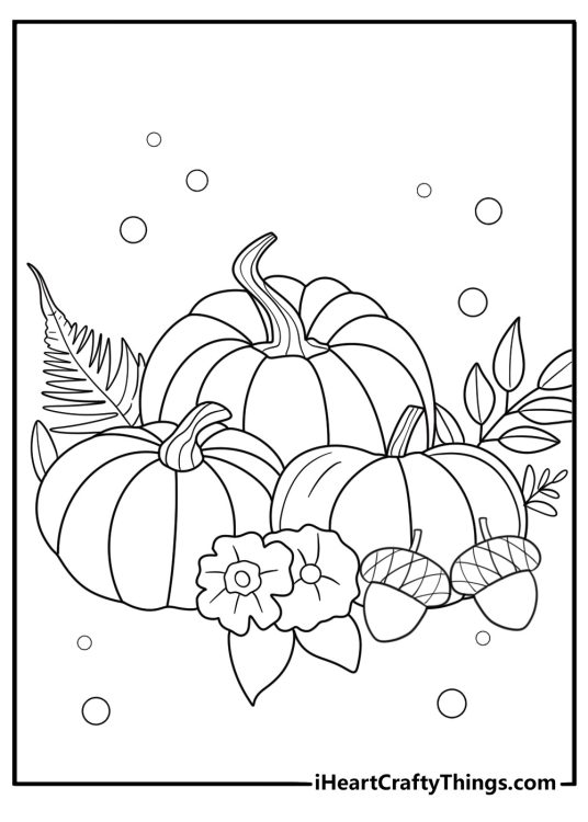 simple thanksgiving pumpkin with acorn and leaf design coloring page