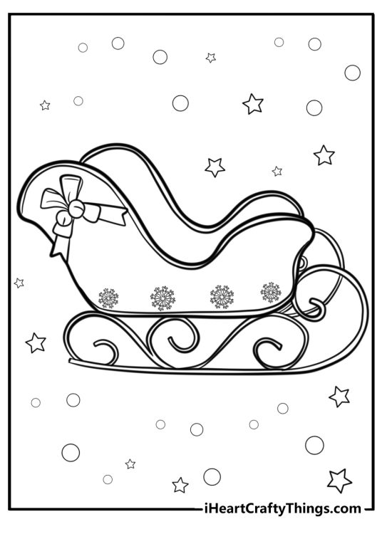 Christmas-themed printable featuring beautifully decorated Santas sleight with stars and snowflakes all around it