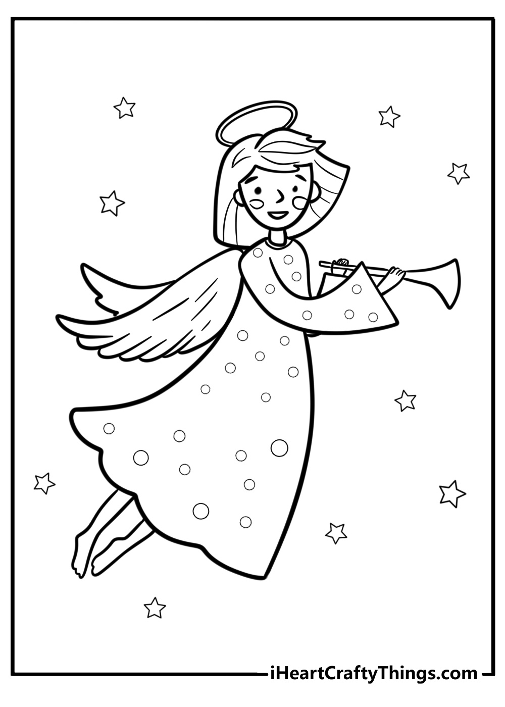 Smiling christmas angel with a trumpet fun coloring sheet