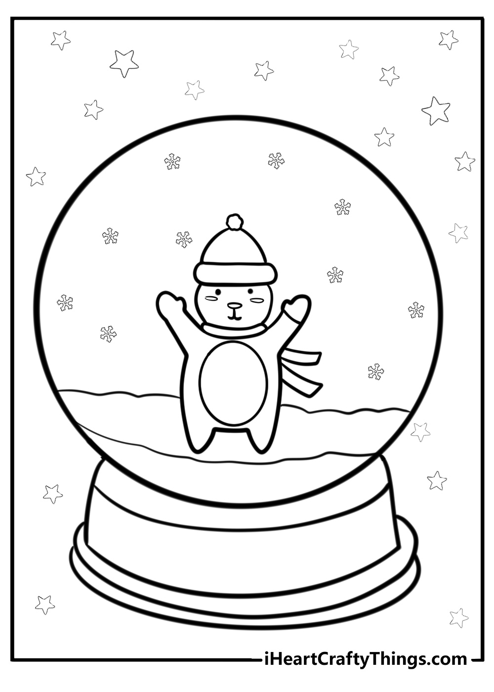 Snowglobe with a bear in a winter hat fun coloring sheet