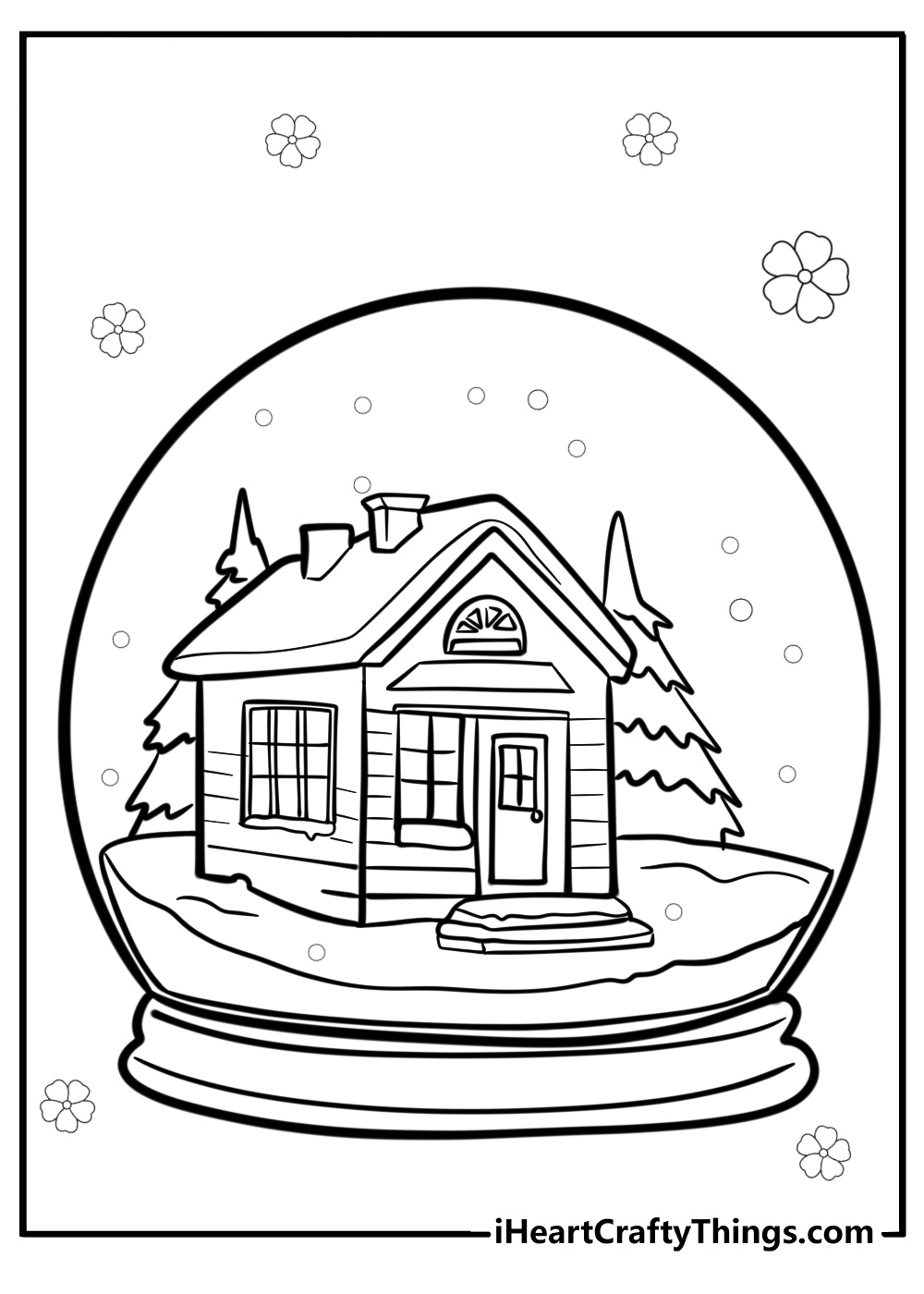 Snowglobe with a cozy cabin detailed coloring sheet