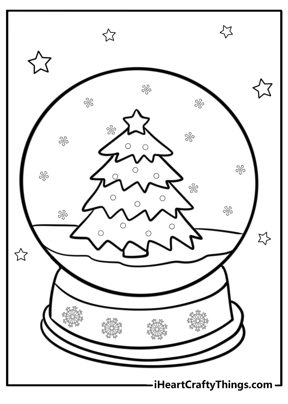 Snowglobe with a decorated christmas tree printable coloring page