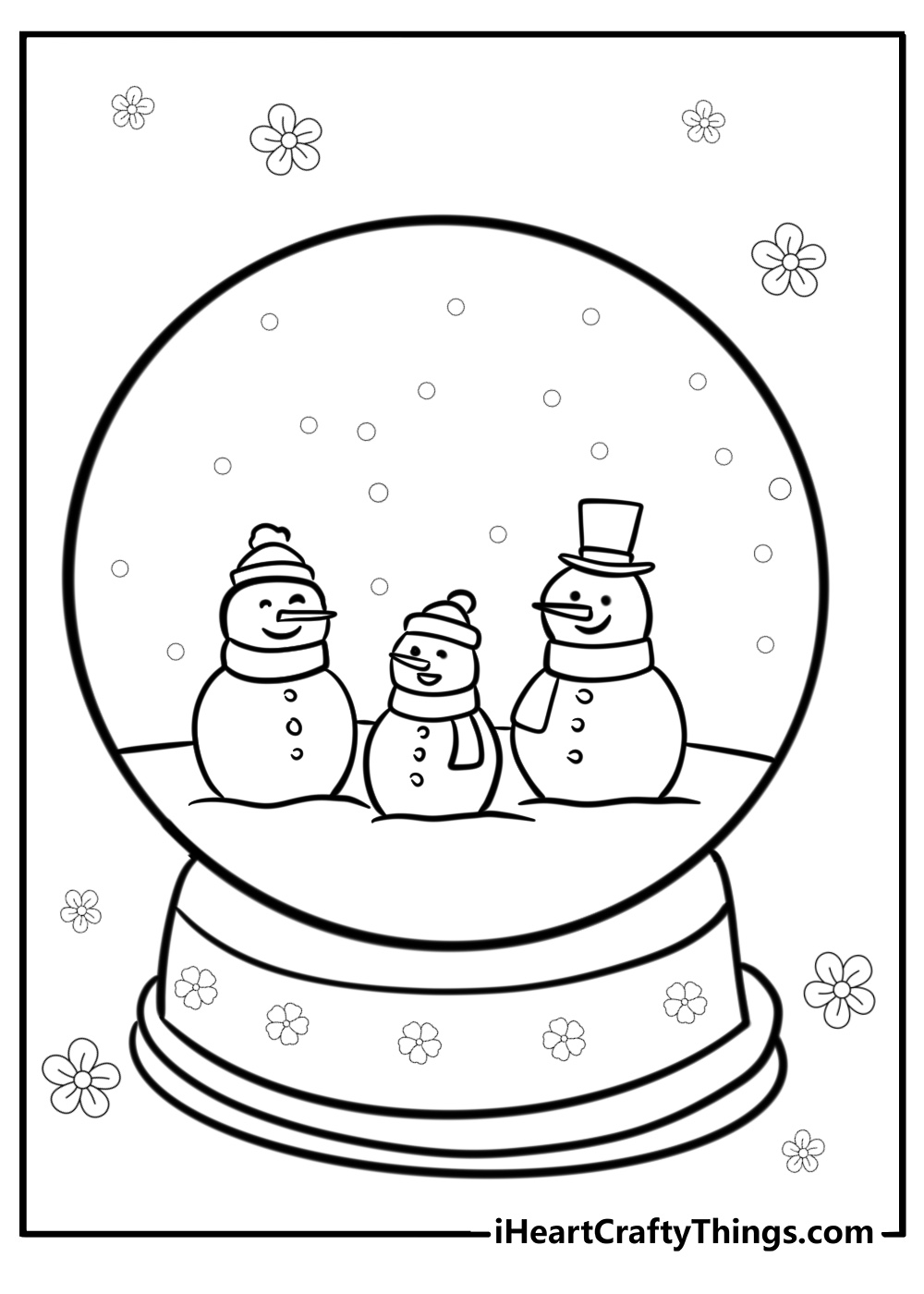 Snowglobe with a festive snowman family detailed coloring sheet