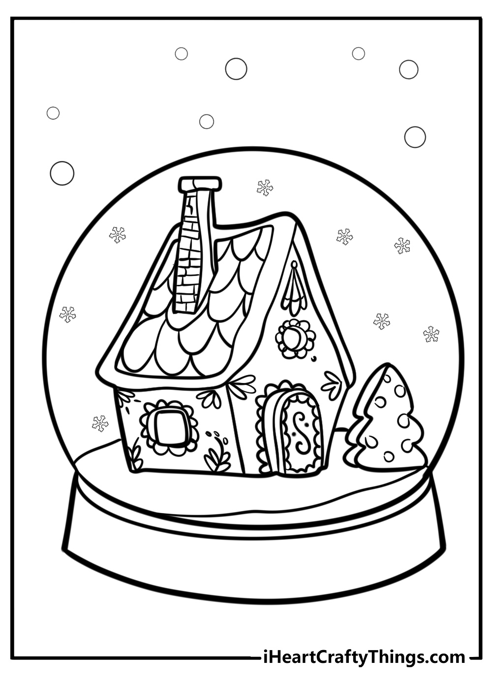 Snowglobe with a gingerbread house fun coloring sheet