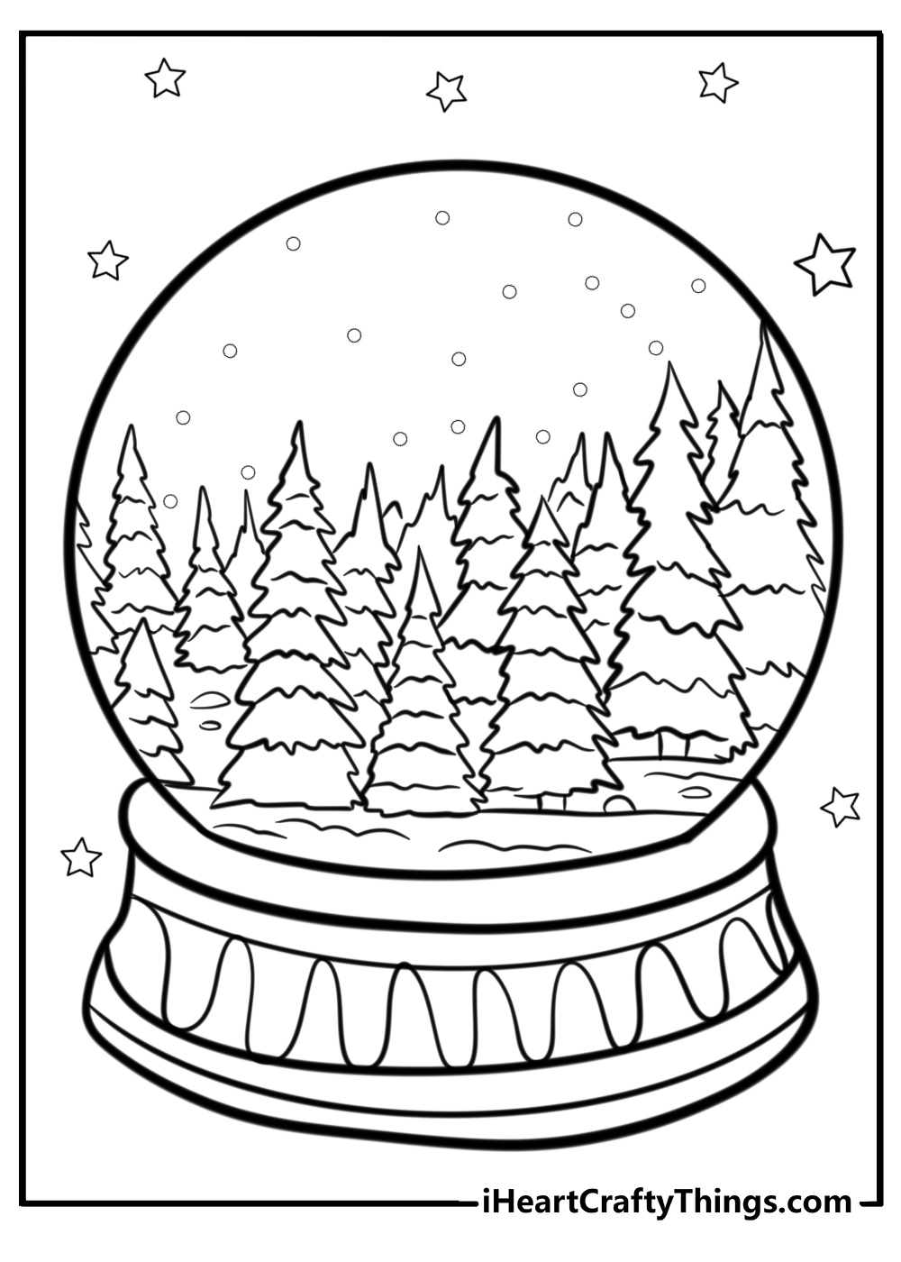 Snowglobe with a snowy forest scene coloring page for kids