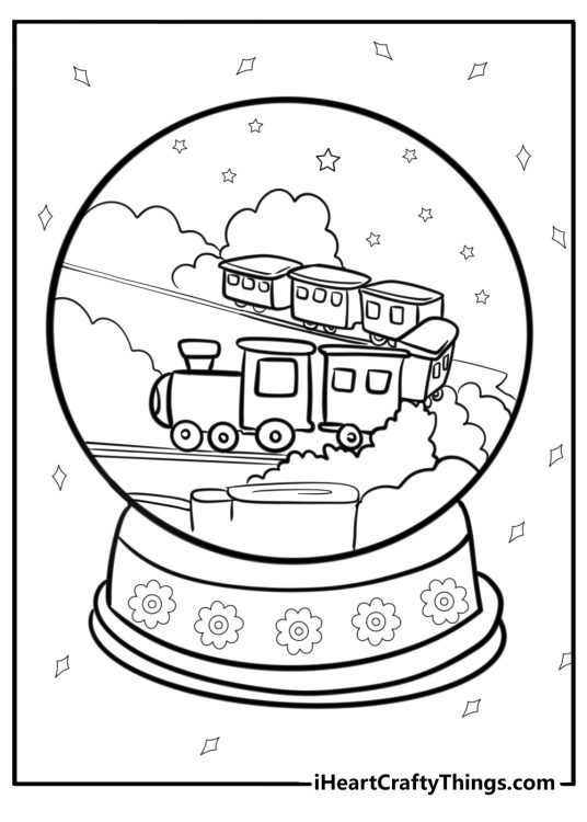 Coloring picture for kids presenting snow globe with a train going surrounded by trees
