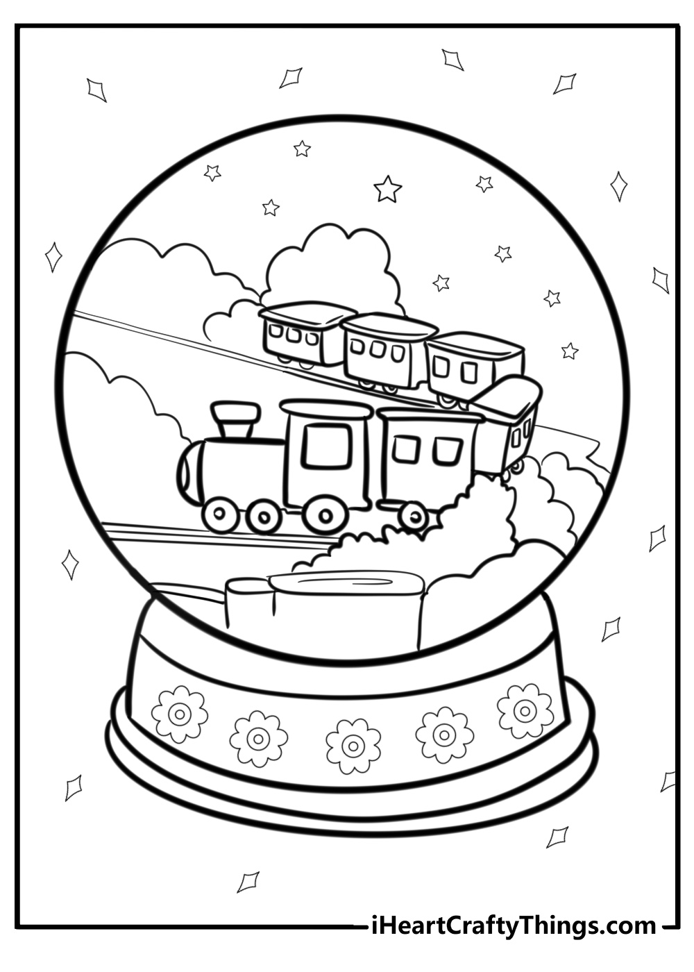 Snowglobe with a train going around a tree detailed coloring sheet