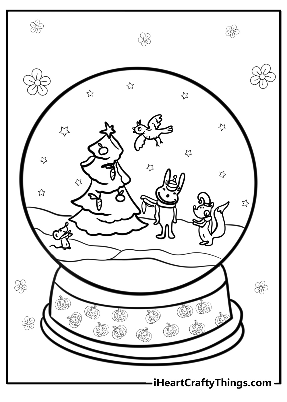 Snowglobe with a winter wonderland printable coloring page