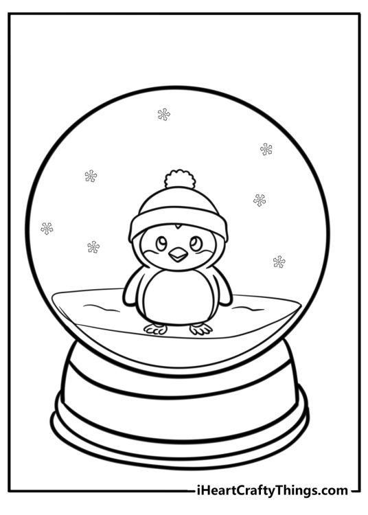 Detailed coloring sheet for kids featuring snow globe with a penguin and snowflakes