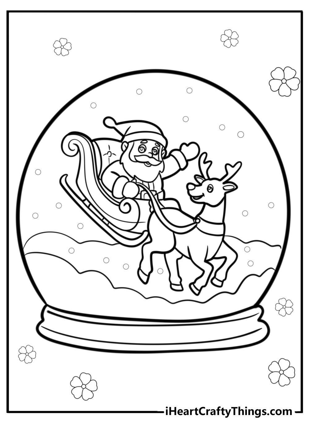 Snowglobe with santa and his sleigh free printable coloring page