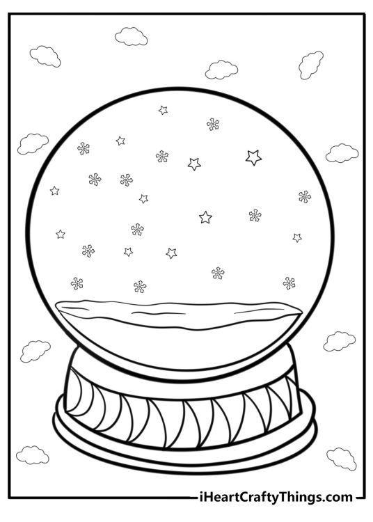 Coloring image of a snow globe with stars and snowflakes surrounded by glouds in the background
