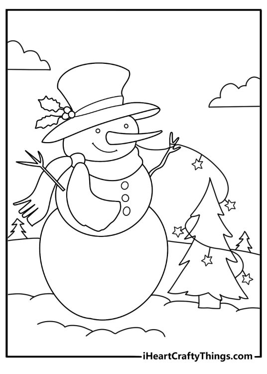 snowman coloring page for kids snowman decorating a little pine tree with garland