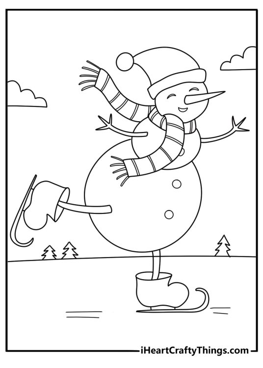 snowman coloring sheet snowman ice skating on a frozen pond with gentle lines