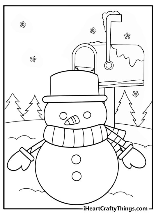 snowman printable coloring page snowman near a mailbox after fresh snowfall