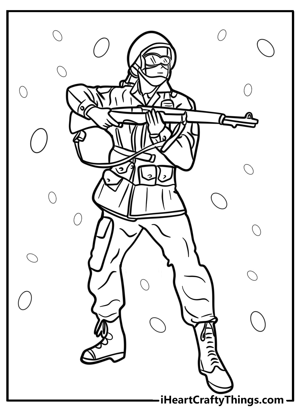 Soldier carrying a rifle in battle detailed coloring sheet