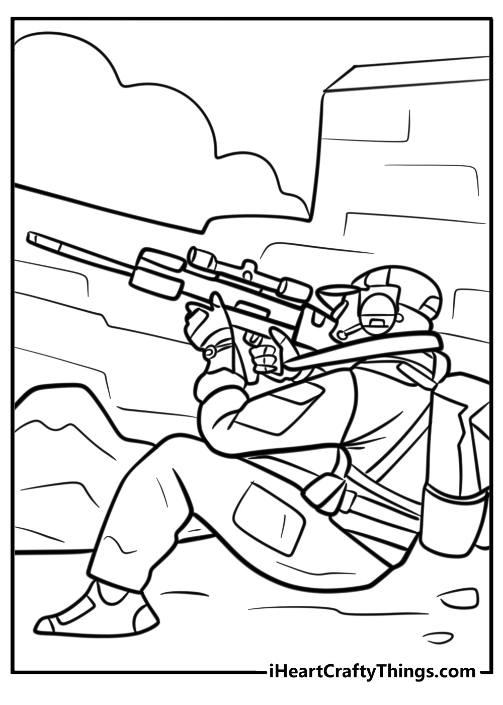 Soldier hiding behind cover printable coloring page