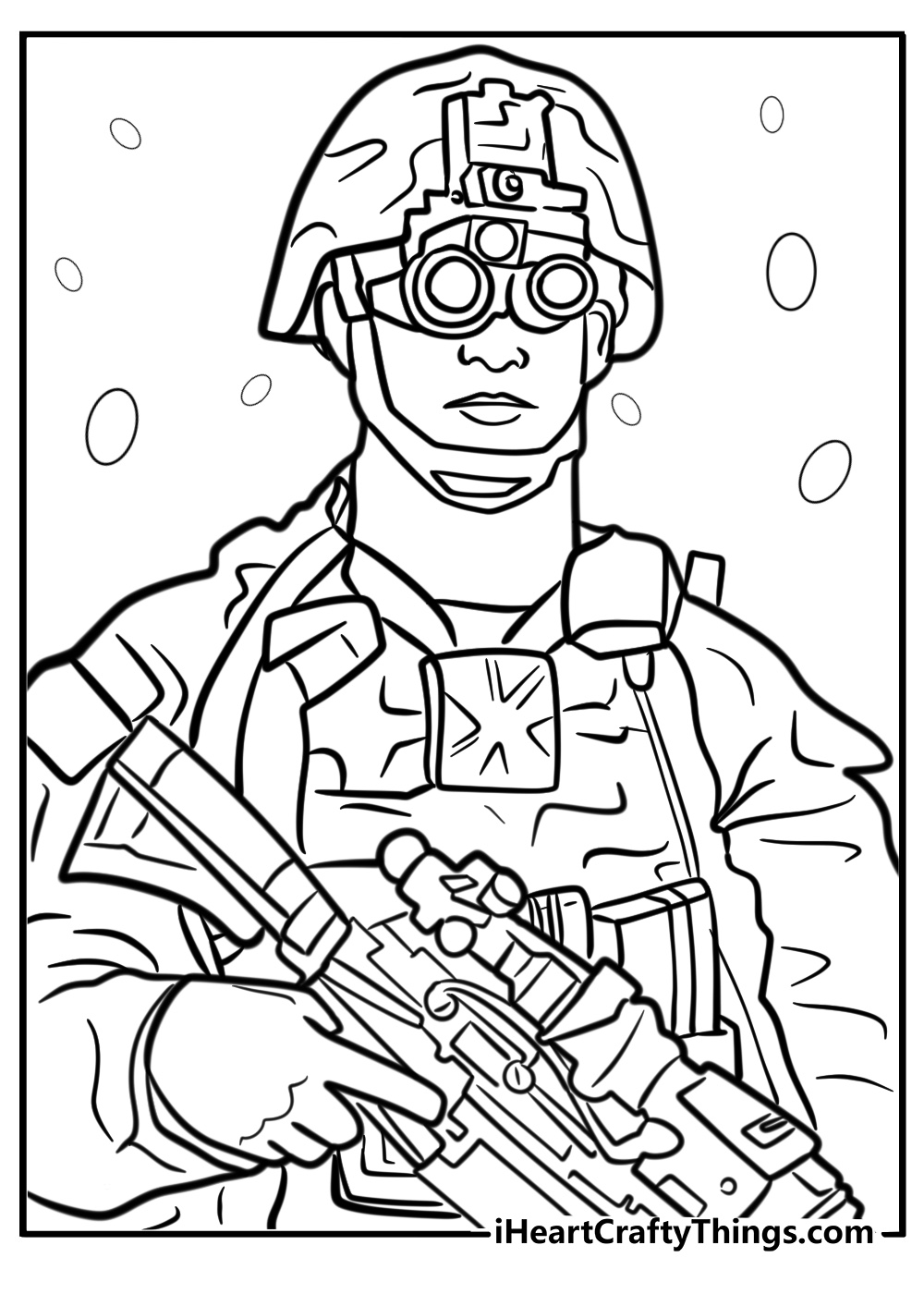 Soldier with night vision goggles detailed coloring sheet