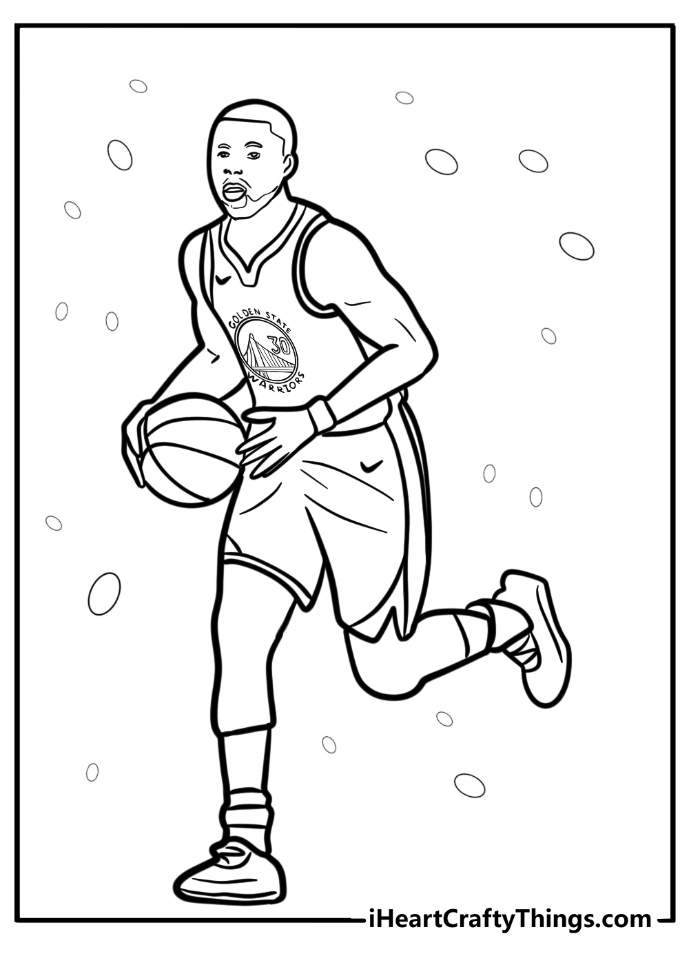 Steph curry dribbling down the court free printable coloring page