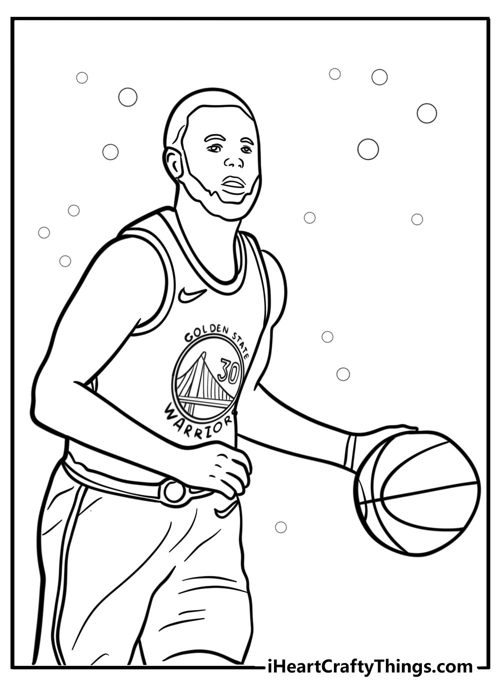 Steph curry with a basketball in hand fun coloring sheet