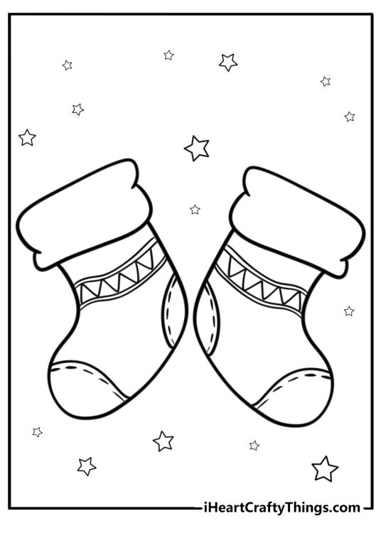 Printable coloring picture featuring two traditional Christmas stocking stuffers surrounded by stars