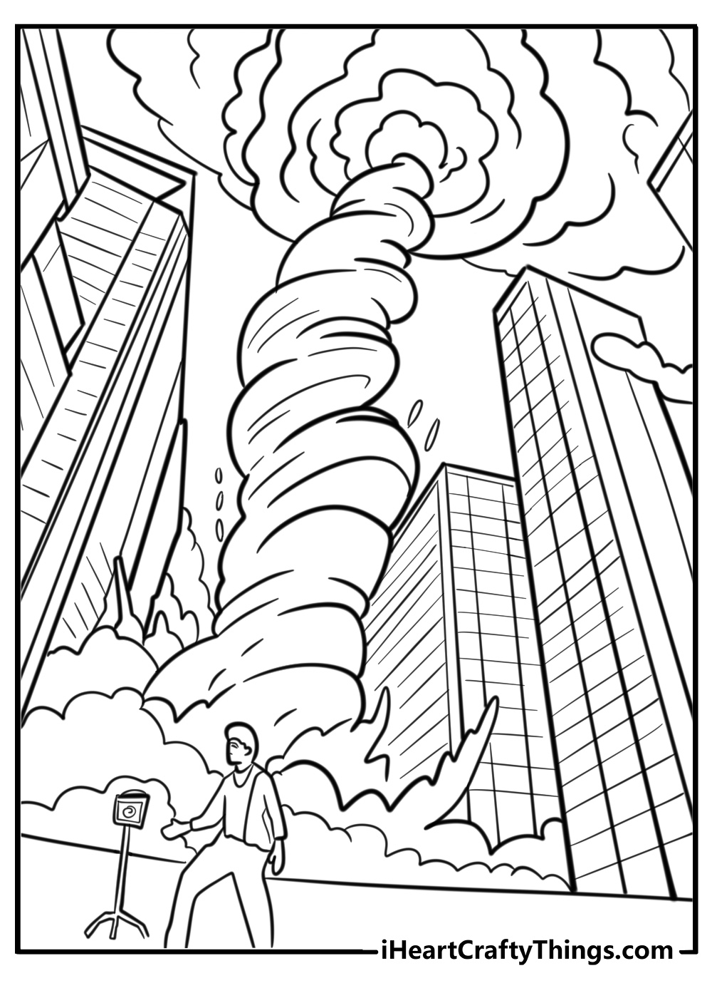 Storm chaser and tornado detailed coloring sheet for kids