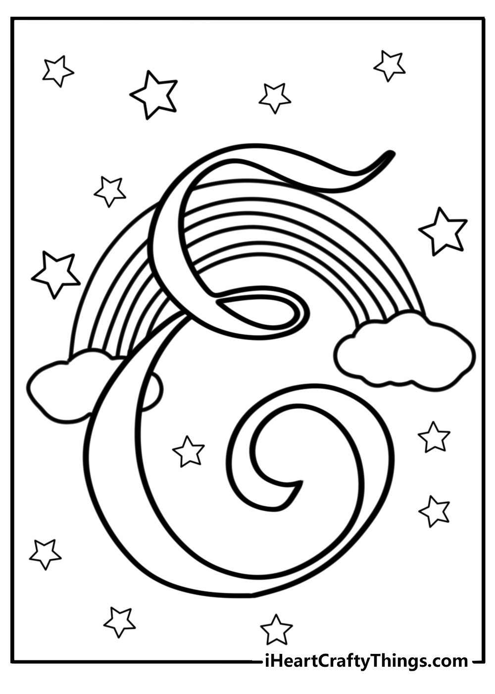 Stylized letter e with rainbow colors coloring page