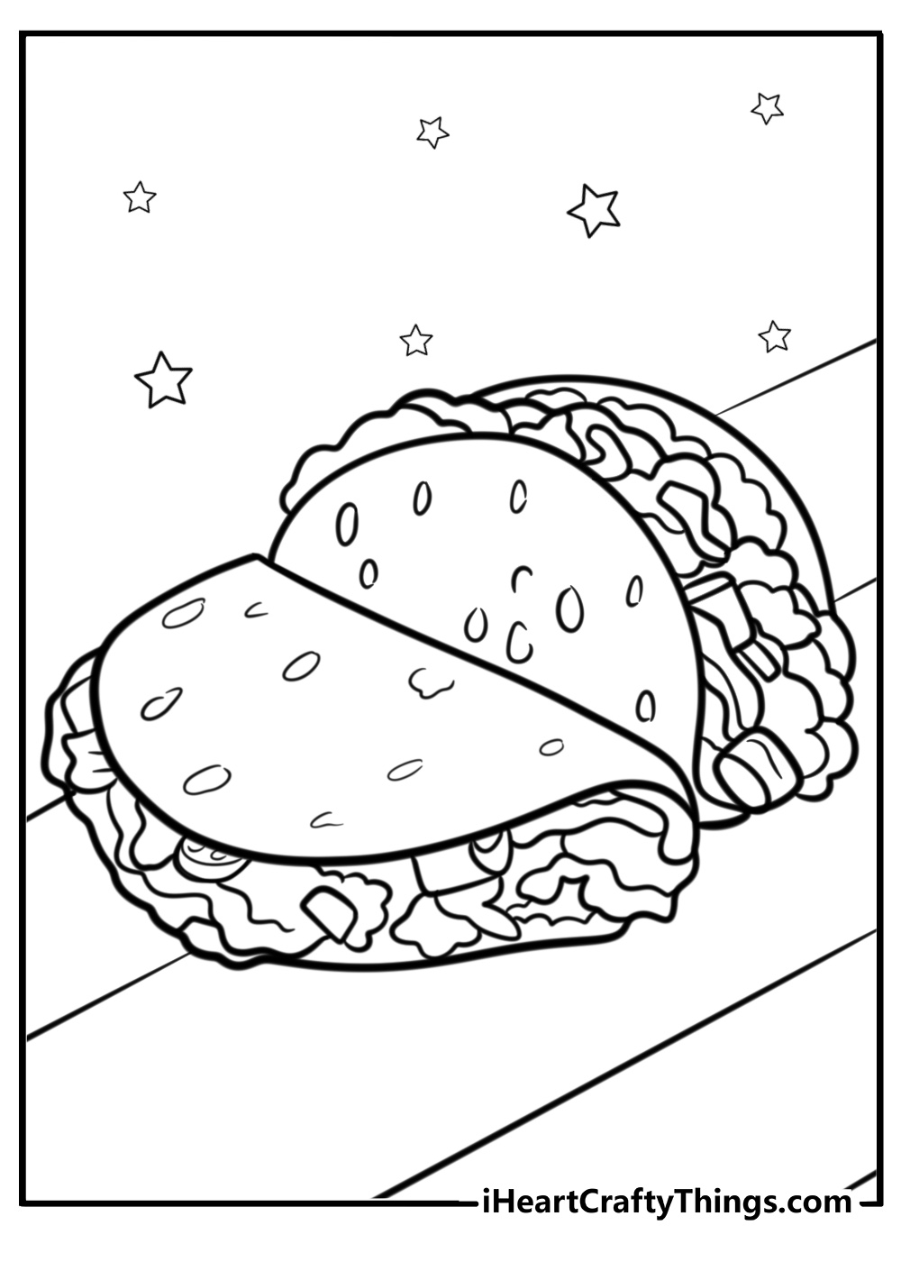 Taco with colorful fillings fun coloring sheet