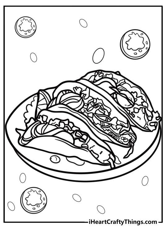 Taco with guacamole detailed coloring sheet