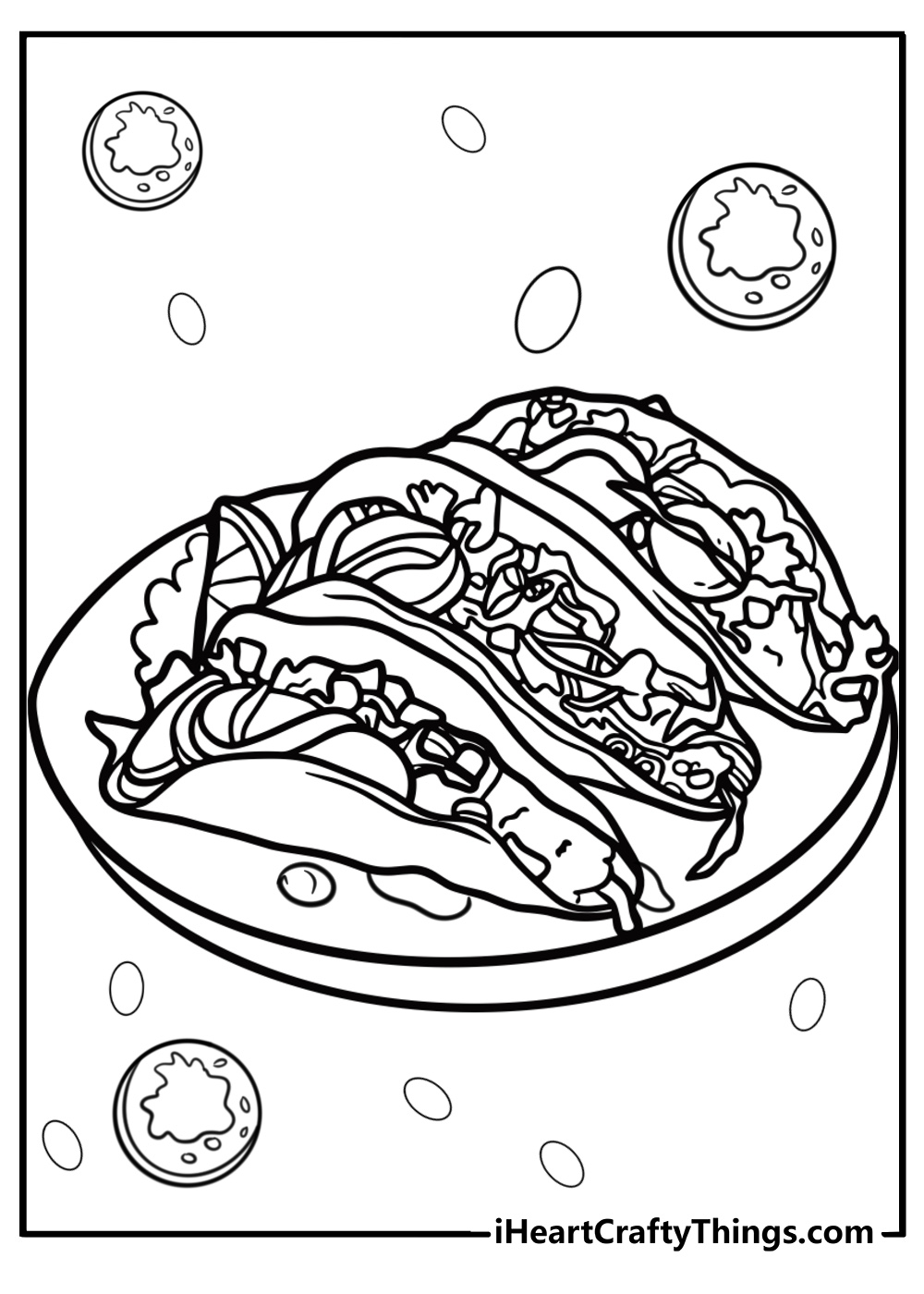 Taco with guacamole detailed coloring sheet