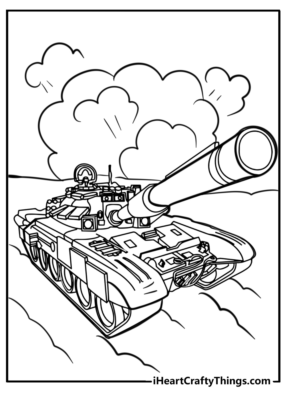 Tank rolling through battlefield fun coloring sheet for kids