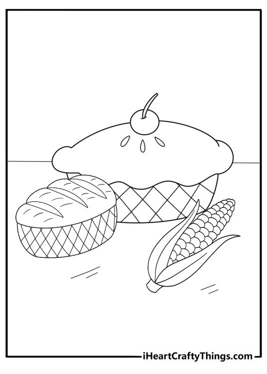 thanksgiving feast table with pies corn and bread printable coloring page
