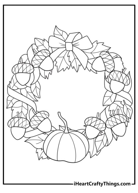 thanksgiving wreath made of pumpkins leaves and corn detailed coloring sheet