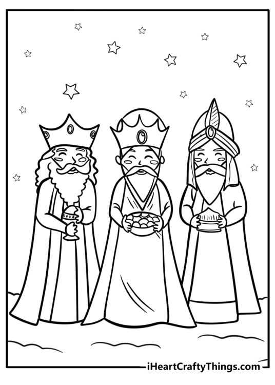 Christmas-inspired coloring drawing presenting the Three Wise Men Caspar Melchior and Balthasar