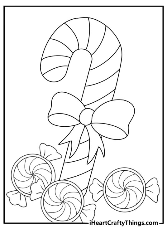 tiny peppermint candies surround a large candy cane in this sweet coloring page