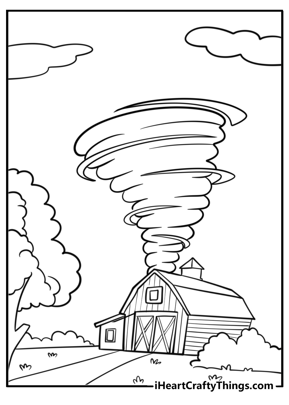 Tornado approaching a barn free coloring page pdf