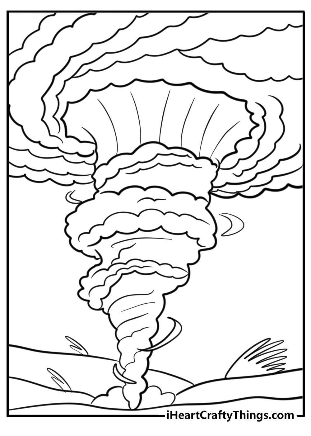 Tornado funnel forming in the sky free printable coloring page