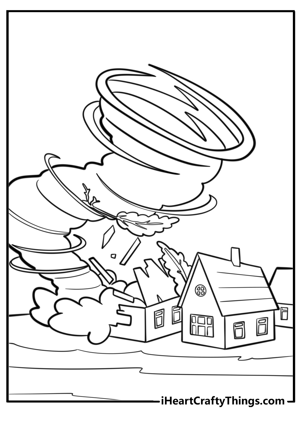 Tornado in a rural landscape free coloring page pdf