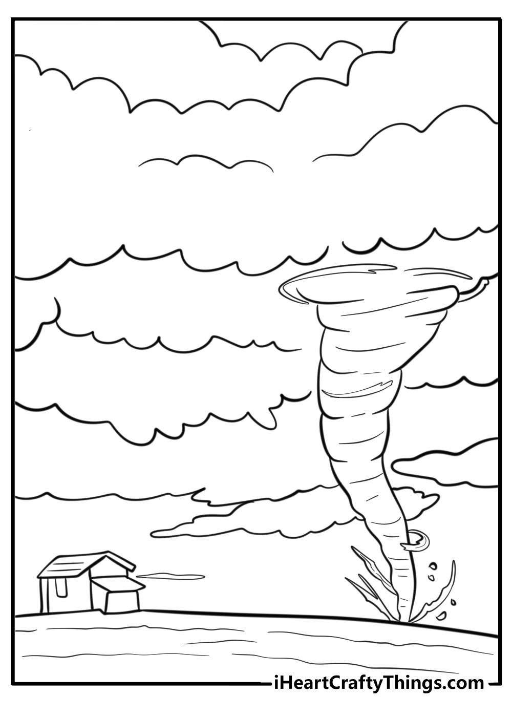 Tornado in the countryside detailed coloring sheet