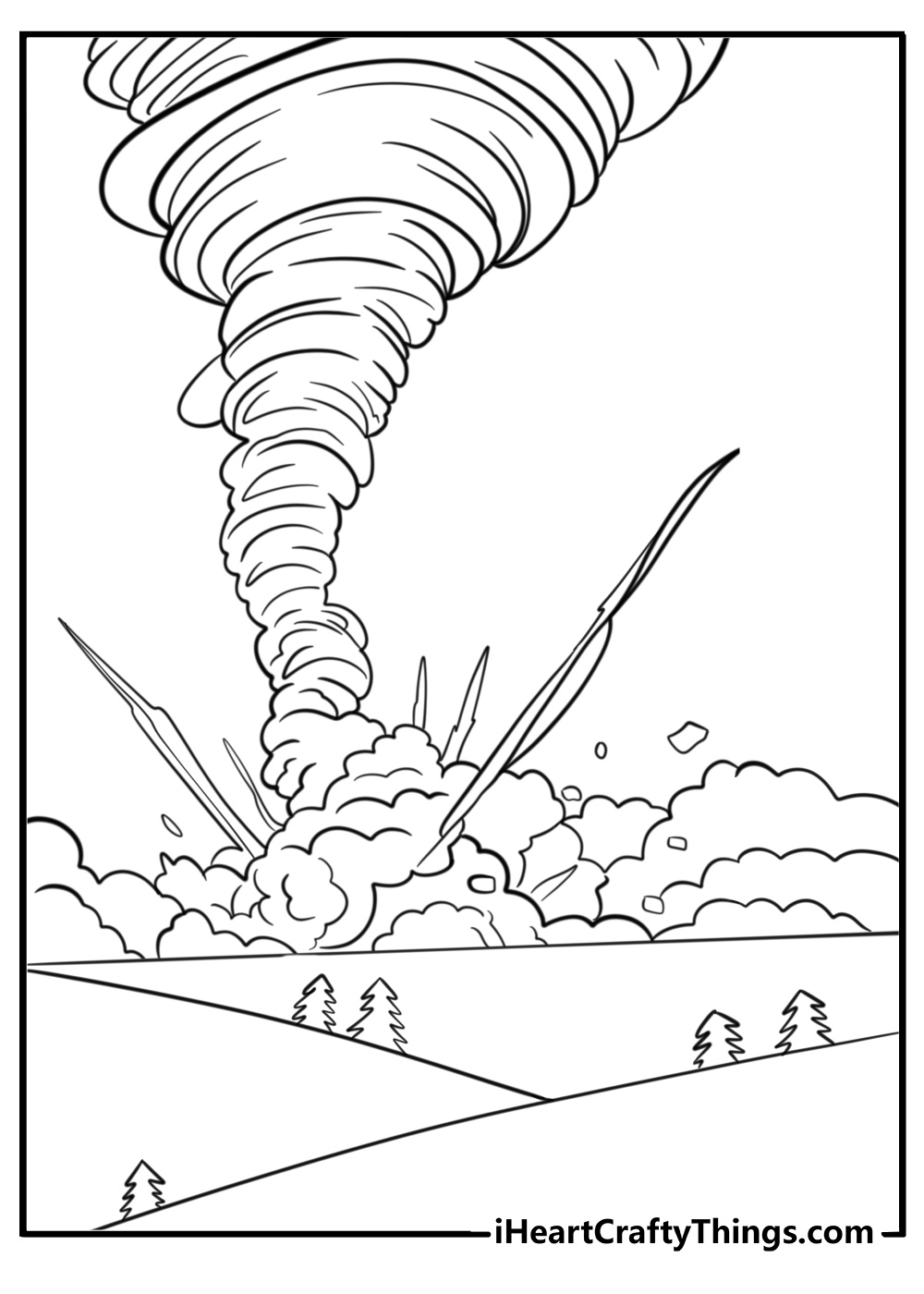 Tornado moving through a landscape free printable coloring page