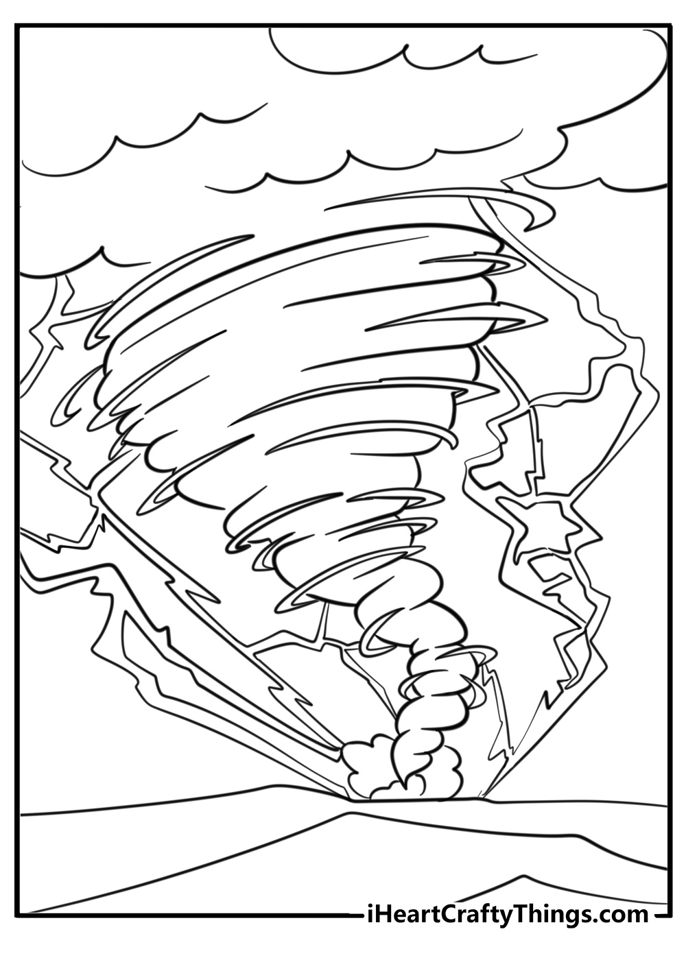 Tornado with lightning strikes coloring page for kids