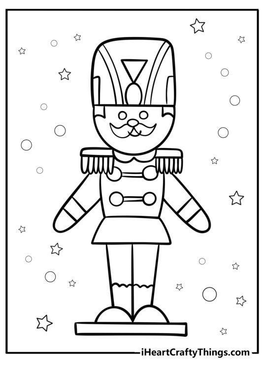 Christmas-themed drawing featuring decorative nutcracker figurine with stars and bubbles in the background