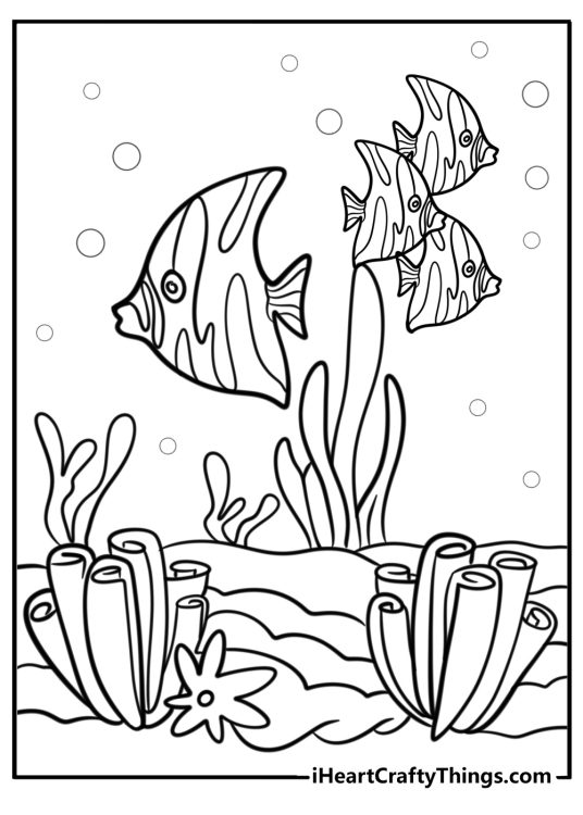 Tropical coral reef with bubbles free printable coloring page