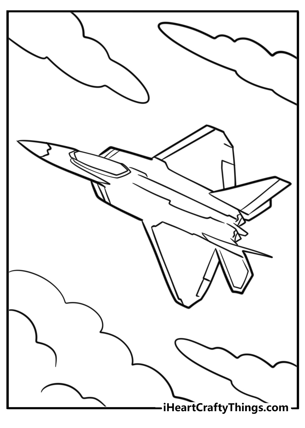 Twin engine jet flying at high altitude printable coloring sheet